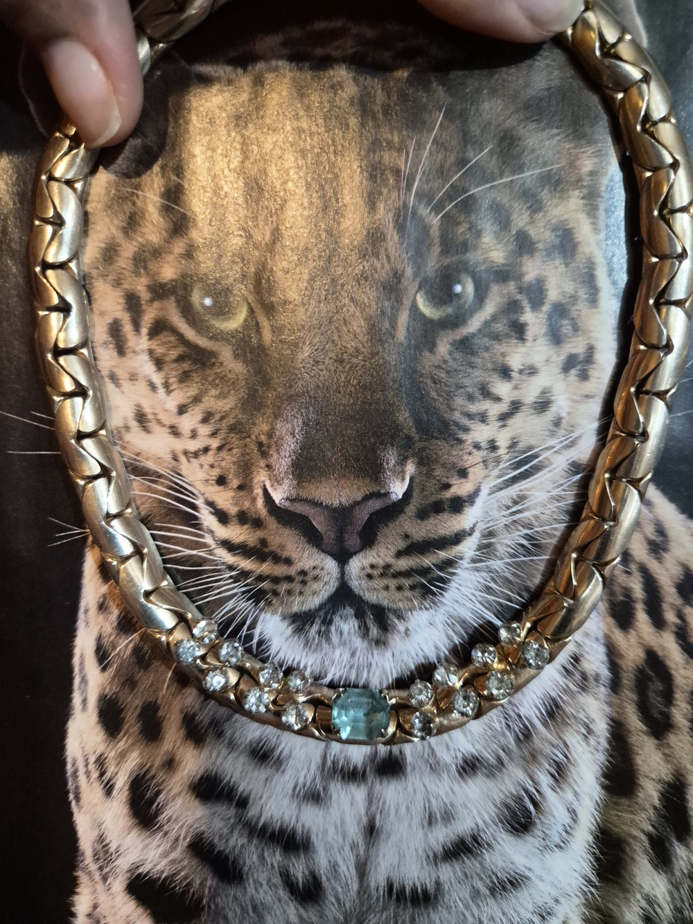 Gold-Tone Necklace with Aquamarine Center and Clear Crystal Accents